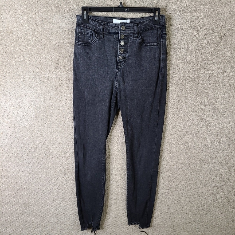 KanCan Jeans Juniors 5 26 Black High Rise Button Fly Ankle Raw Hem Stretch